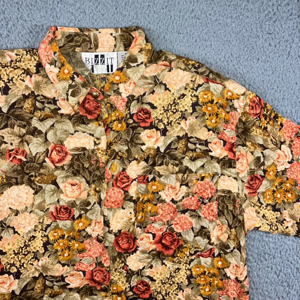 Vintage Floral Shirt Women M S/S Button Front Earth Tone 90s Granny Cottage Boho